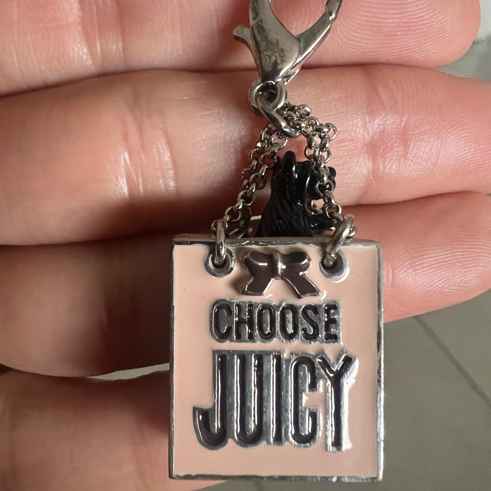 Juicy Couture Pink 'Choose Juicy' Enamel Charm Keychain with Scottie dog Y2K